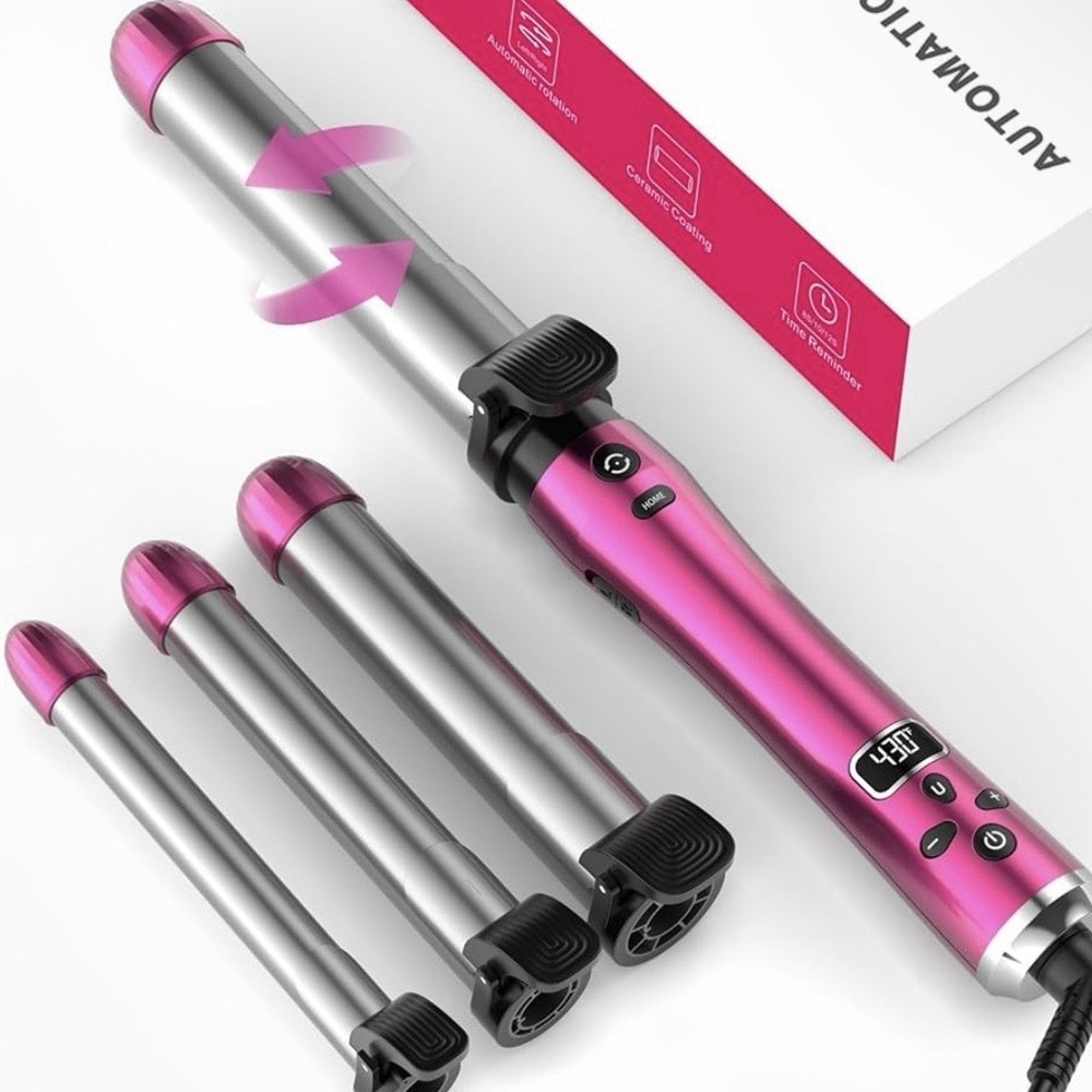 Auto 360° Pink Curling Iron Set - 3 in 1 Ceramic Hair Curler 0.75, 1 & 1.25 Inch